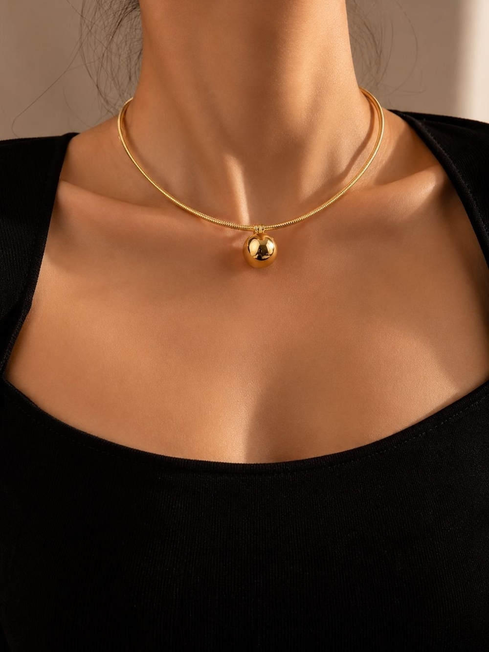 Gold Ball Pendant Choker - Polished Gold - Picture 2 of 4